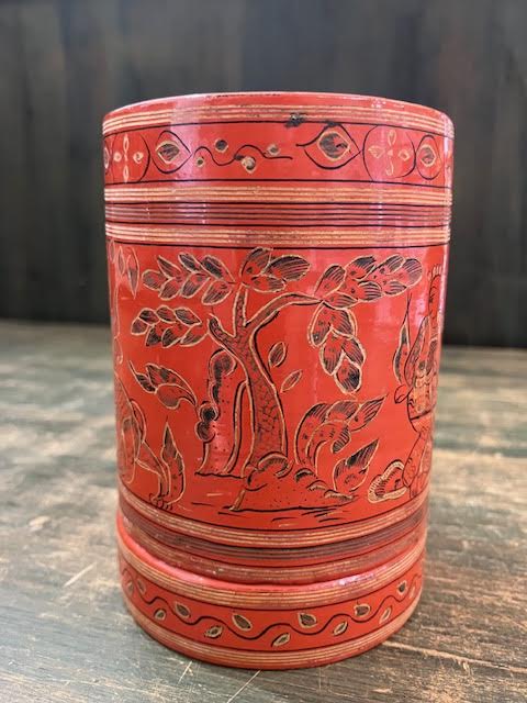 Vintage Burma Orange Decorated Cylinder Container