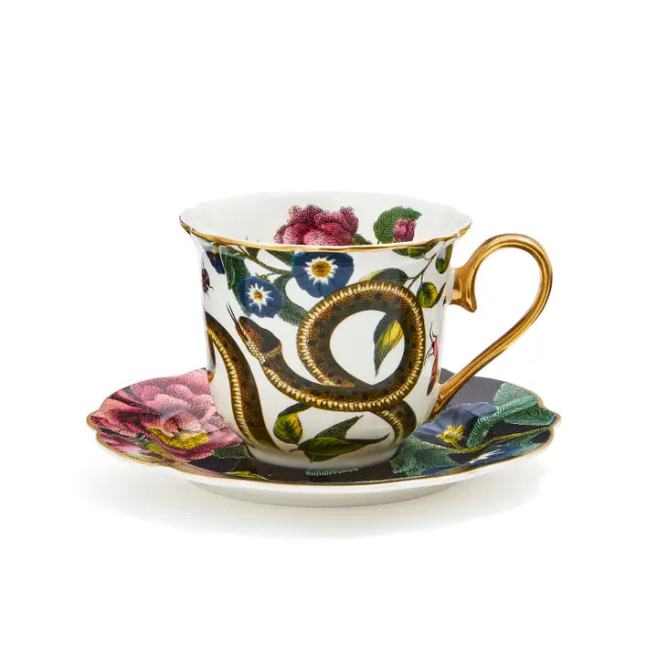Creatures of Curiosity Dark Floral Teacup and Saucer (Snake/Black)