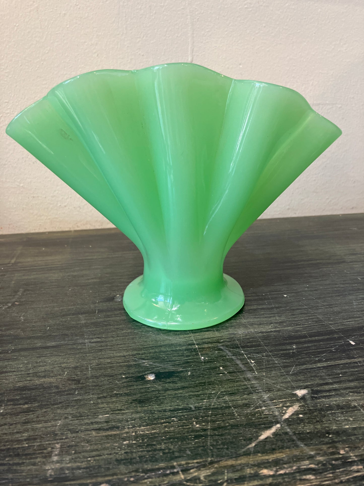 Vintage Jade Green Satin Glass Fan Vase