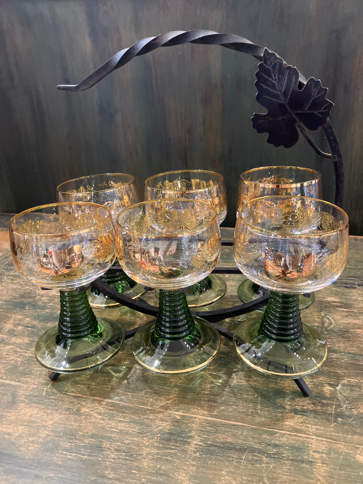 Vintage Roemer Wine Glass Set - Etched Floral Goblets with Wrought Iron Caddy