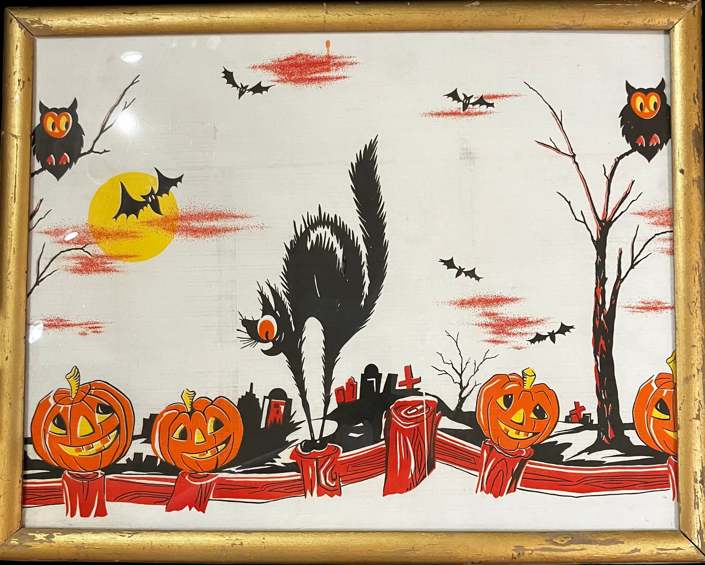 Black Cat with Pumpkins and Owl in a Vintage Frame