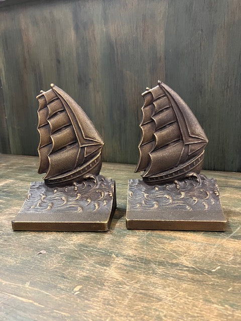 1920s Bradley and Hubbard Brass-Plated Cast Iron Sailing Ship Bookends- a Pair