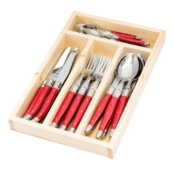 Jean Dubost 24 Pc Everyday Flatware Set with Red Handles in a tray
