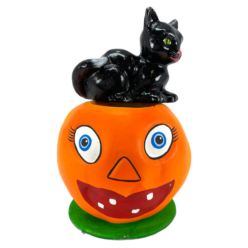 Black Cat Sitting on Pumpkin Jack O Lantern German Paper Mache