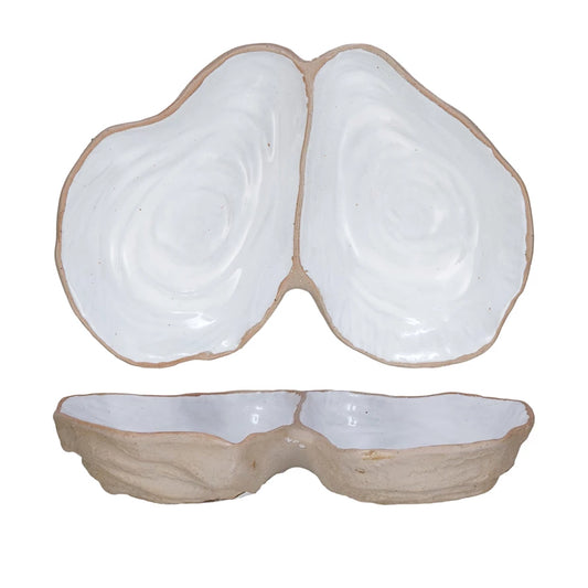 Stoneware Oyster Shell Shaped Dish 2 Sections (Each One Will Vary)