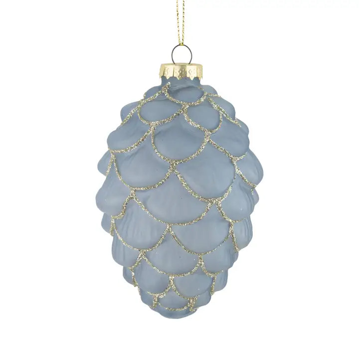 Glass pinecone ornament translucent pale blue with pale silver glitter