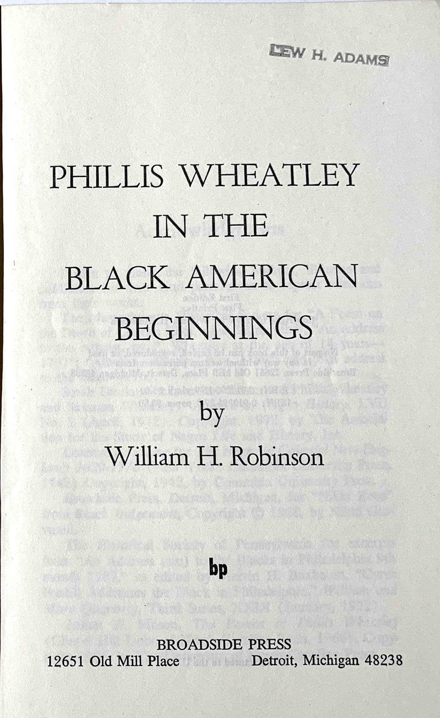 Phillis Wheatley in the Black American Beginnings