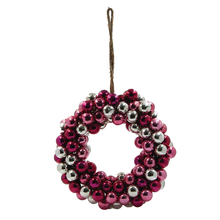 11" Round Glass Ball Wreath, Red, Pink & Silver