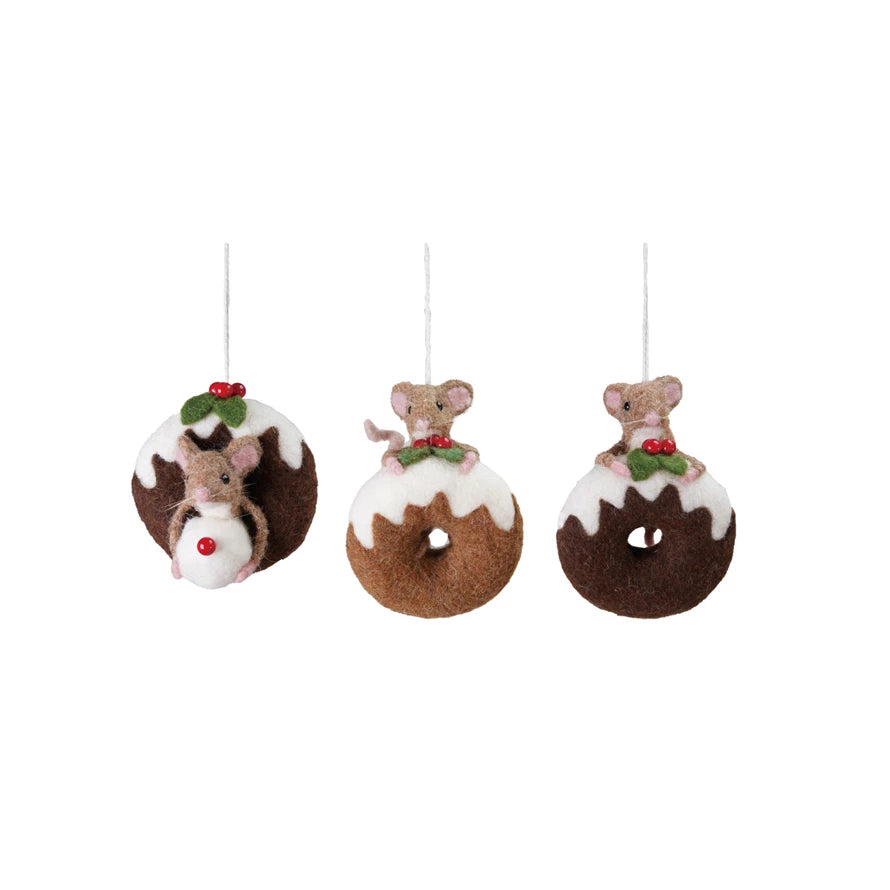 Wool Felt Mouse on Doughnut Ornament, 3 Styles