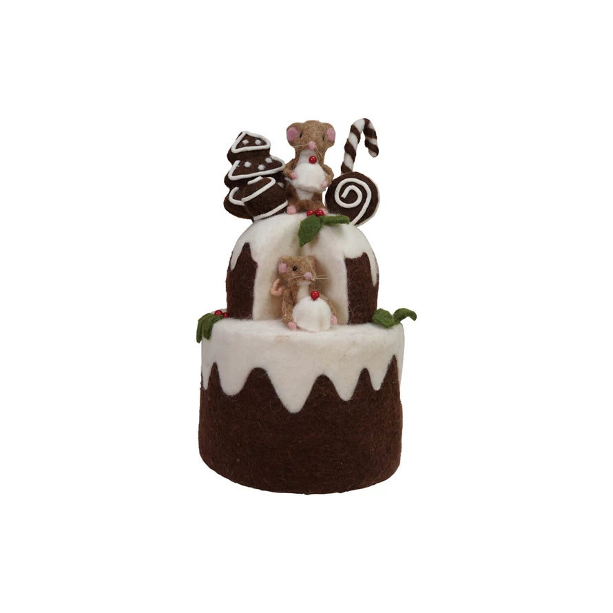 Wool Felt 2-Tier Cake with Gingerbread Cookies & Mice