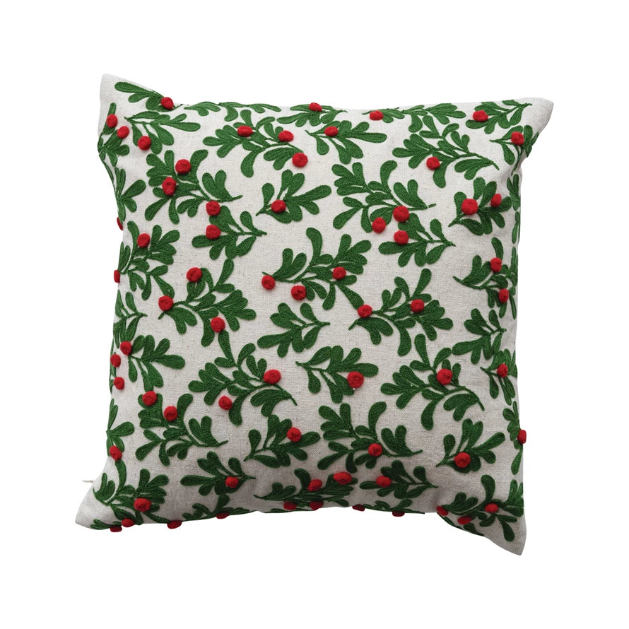 Embroidered Mistletoe Pattern 16" Square Cotton & Linen Pillow