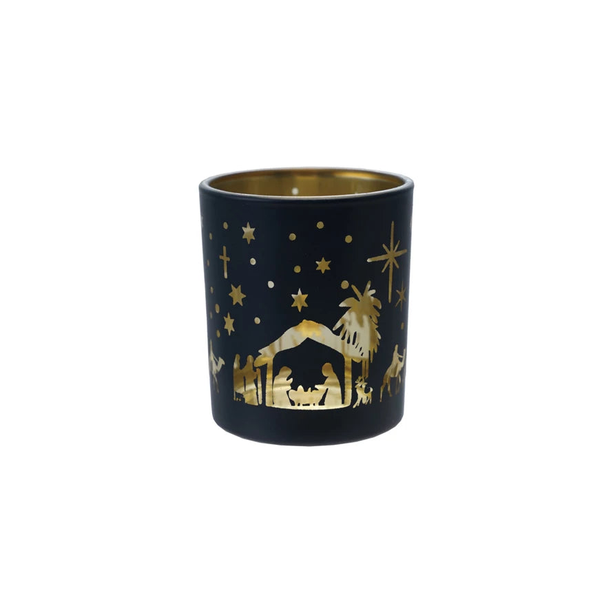 Glass Tealight Votive Holder with Laser Etched Nativity Scene