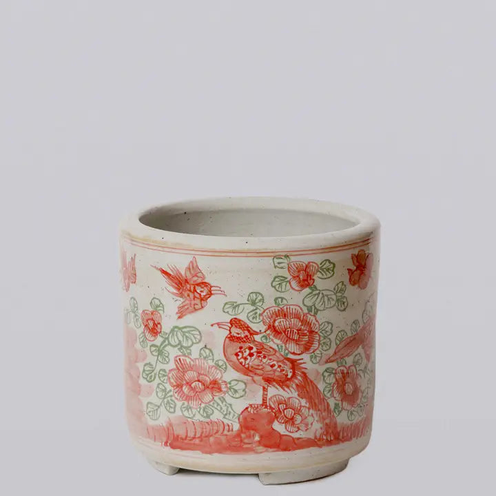 Pink and Green Porcelain Bird and Flower Footed Cachepot