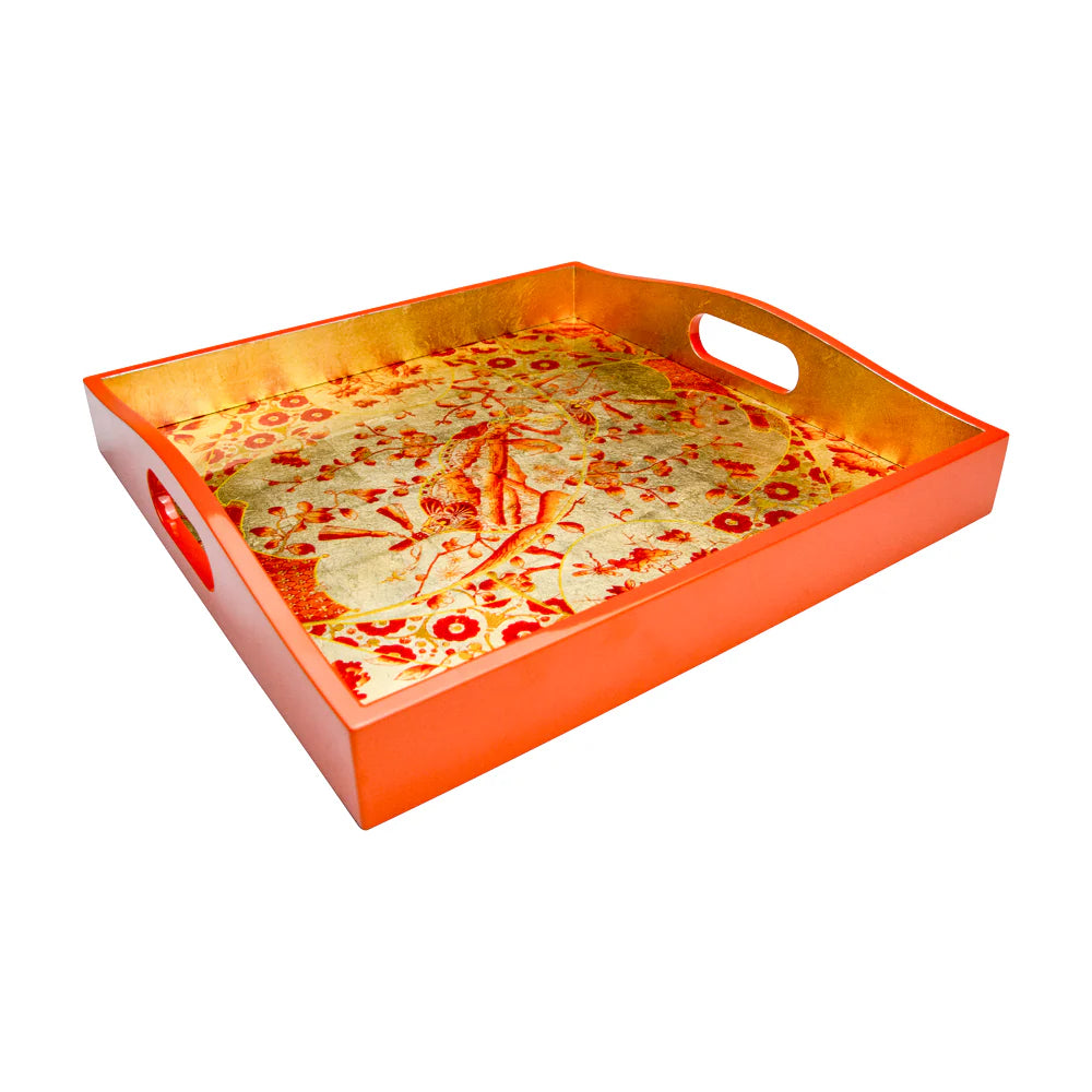 Coral/Gold Square Lacquer Tray