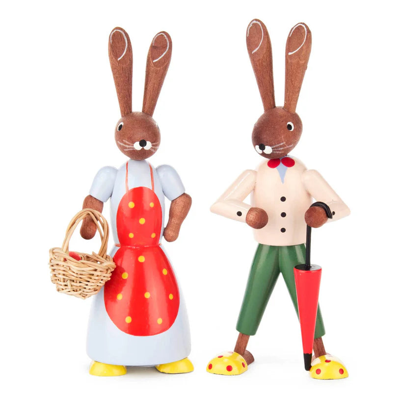 Bunny Rabbit Couple German Wood Figurines 2 Piece Set 4.75 inch