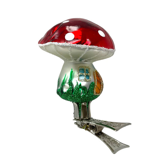 Red Toadstool Mushroom House Clip On Polish Glass Christmas Ornament