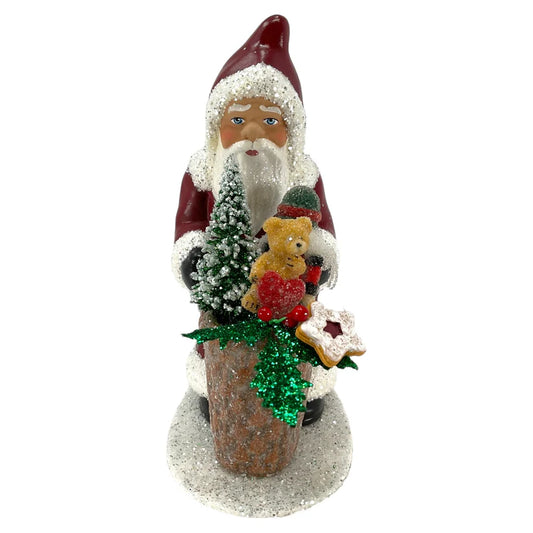 Dark Red Santa with Basket of Gifts German Paper Mache