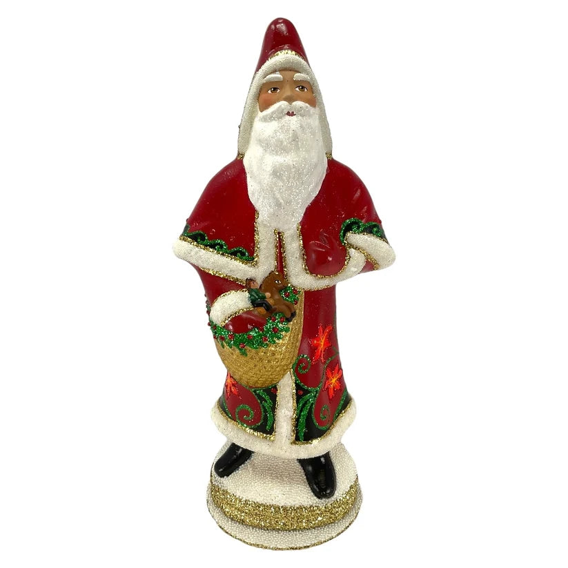 Red Flower Santa with Horse Toy German Paper Mache
