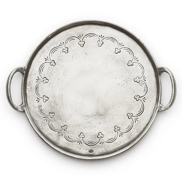 Vintage Pewter Round Tray with Handles