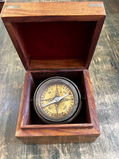 Vintage Ship Compass in wooden Box