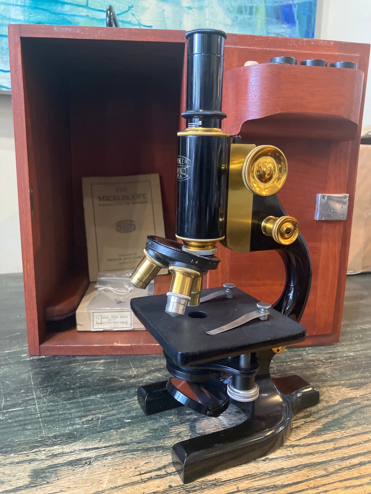 Antique Iron and Brass Microscope with Wooden Box