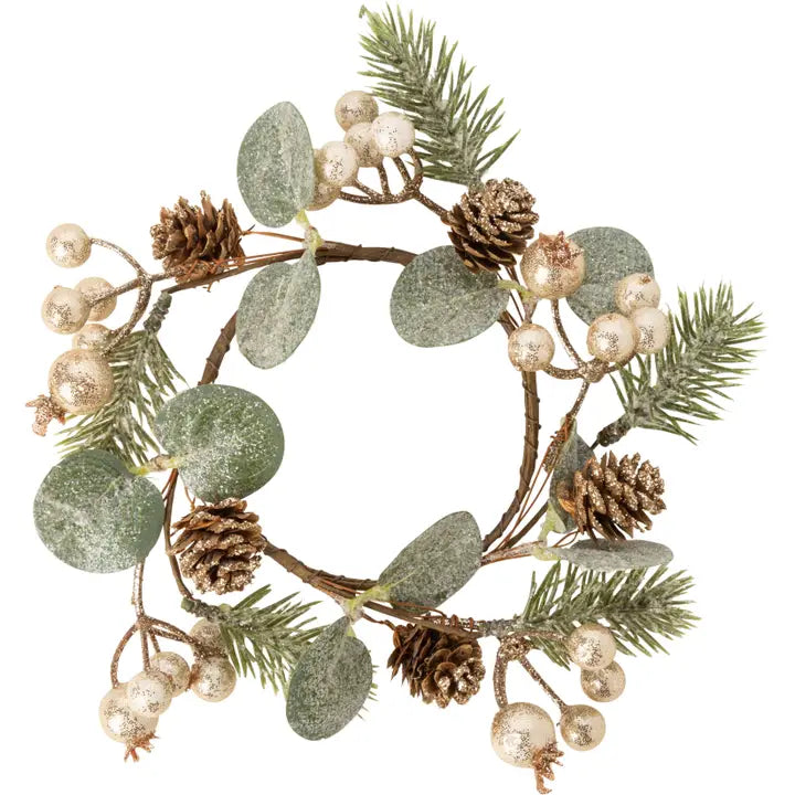 Candle ring. champ gold berries ,greenery and pine cones, glittered, Med