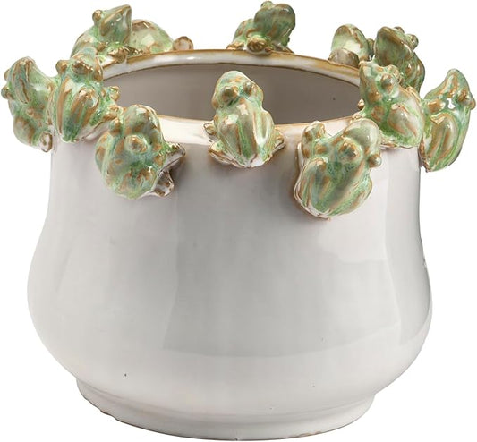 Stoneware Planter with Frogs Figurine on the Rim