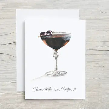 Cocktail Hand Painted Greeting Card, Black Manhattan, Cheers