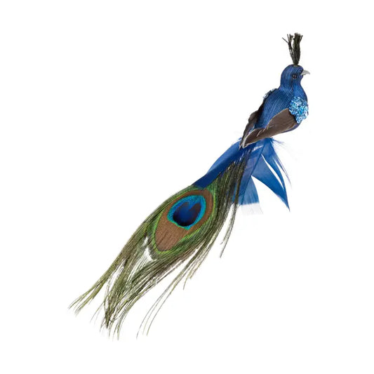 Clip on peacock ornament with long feather tail