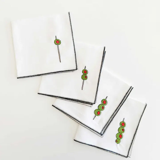 Martini Olive Cocktail Napkins, Set of Four- White