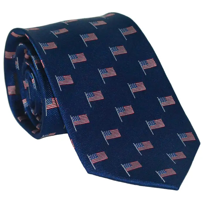 American Flag Necktie - Red White and Blue On Navy, Woven Silk
