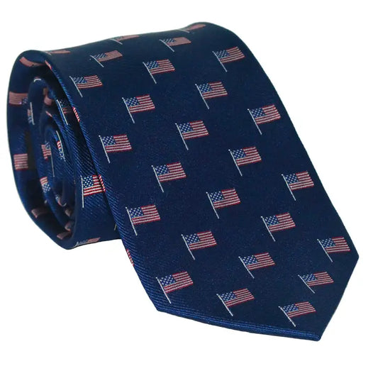 American Flag Necktie - Red White and Blue On Navy, Woven Silk