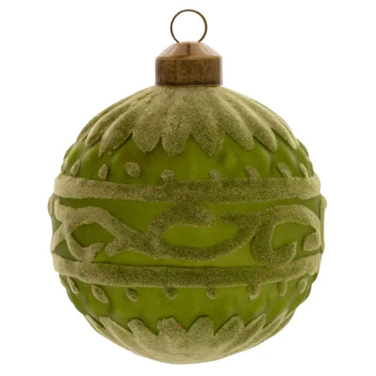 Green Flocked Scroll Design Glass Ornament