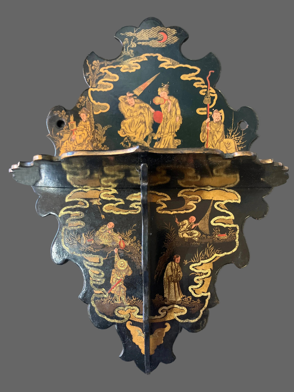 Antique 19th C. Japanese Chinoiserie Paper Mache Lacquerware Folding Wall Shelf