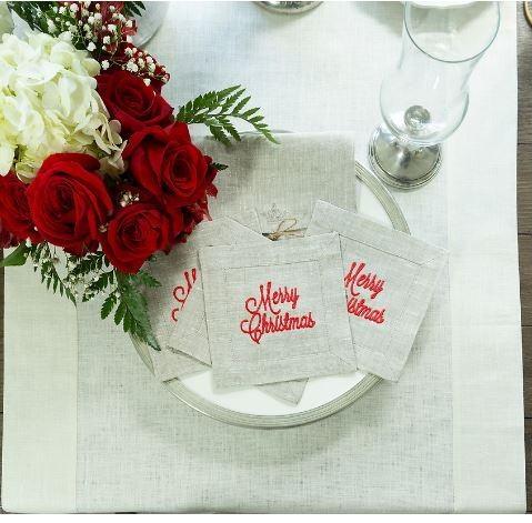 Merry Christmas Linen Holiday Cocktail Napkin set of 4