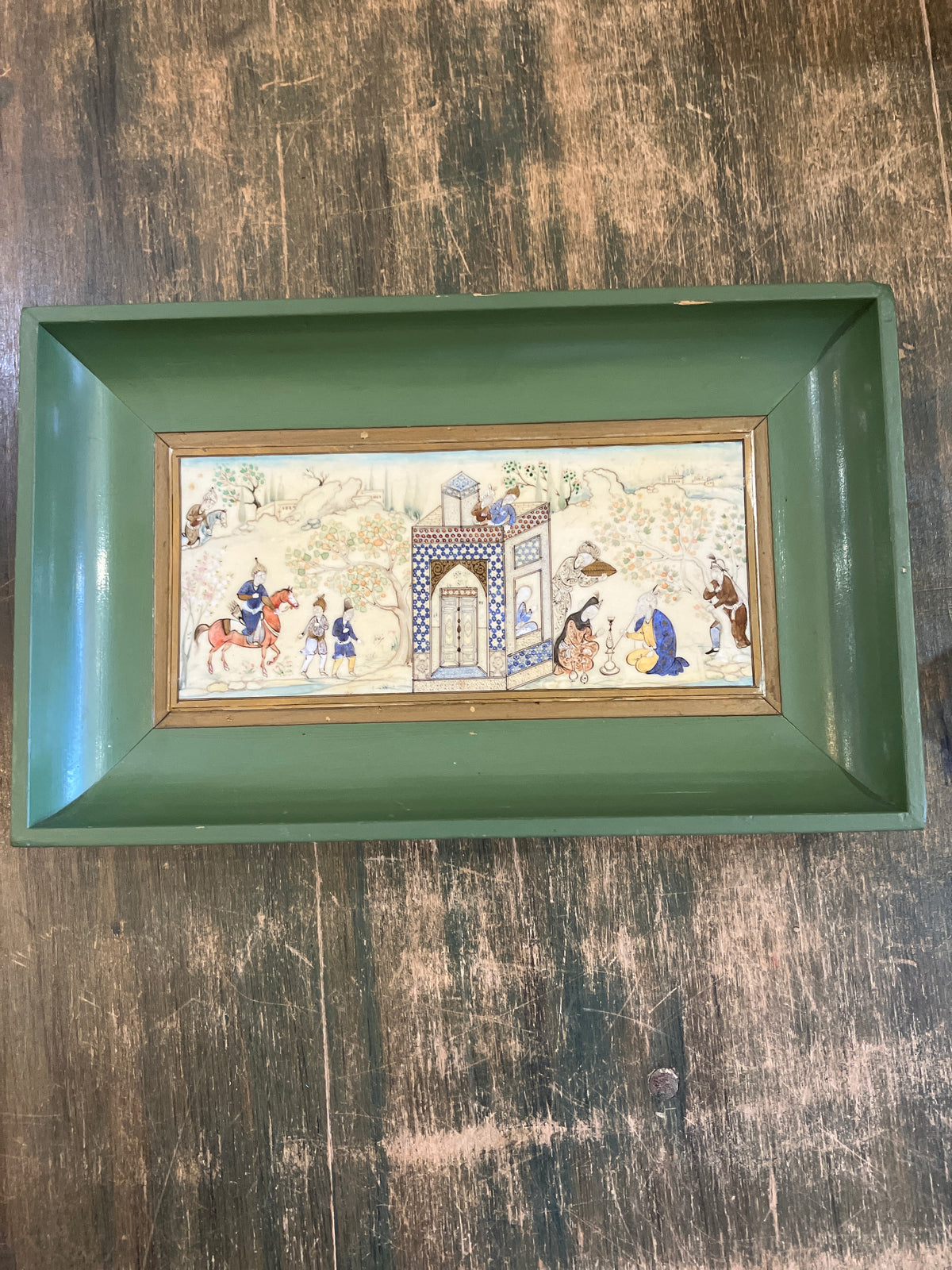Vintage Framed Miniature Persian Painting on Bone in Green Frame