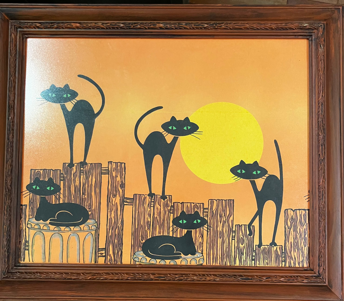 Vintage Crepe Paper Mid Century Cats Framed in Vintage frame