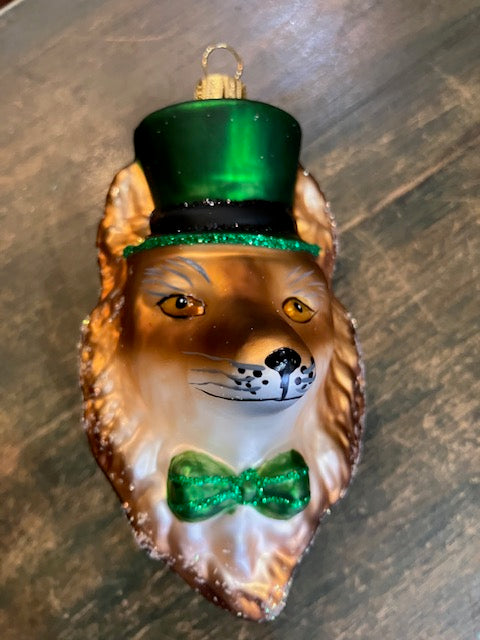 Red Fox Head Wearing Bow Tie and Top Hat Ornament