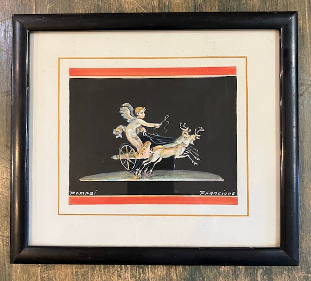 Framed Antonio Francione Gouache of Pompei Fresco - Cherub on  a Chariot