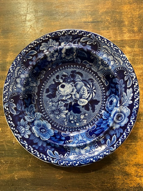 Staffordshire Transferware Stubbs and Kent Longport Dark Blue 10" Plate Fruit and Flowers Motif Circa 1828–1830