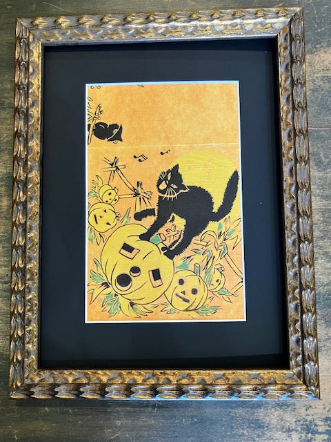 Framed vintage crepe paper Singing Cat in Pumpkin Patch