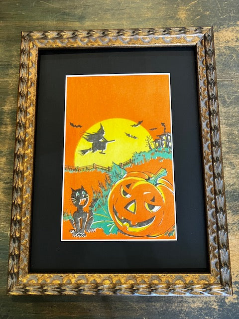 Framed vintage crepe paper Witch Flying across the Moon