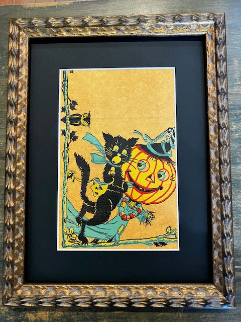 Framed vintage crepe paper Black Cat Pumpkin and Owl