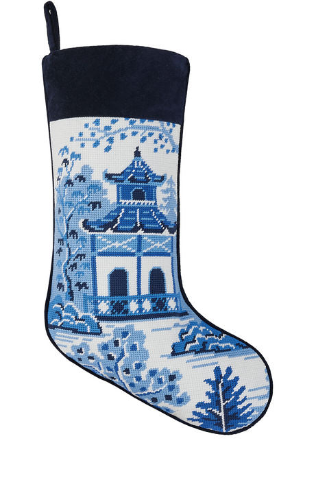 Chinoiserie Pagoda Embroidered Needlepoint Stocking 11'' x 18''