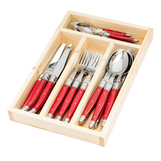 Jean Dubost 24 Pc Everyday Flatware Set with Red Handles in a tray