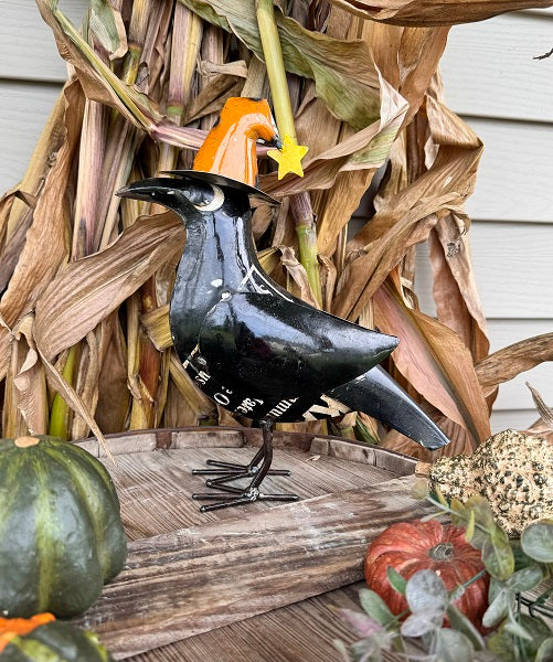 CROW with WITCH HAT Recycled Metal 10"W X 3.5"D X 11"H