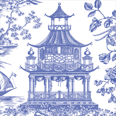 Cocktail Napkin Chinoiserie Toile Pagoda Blue