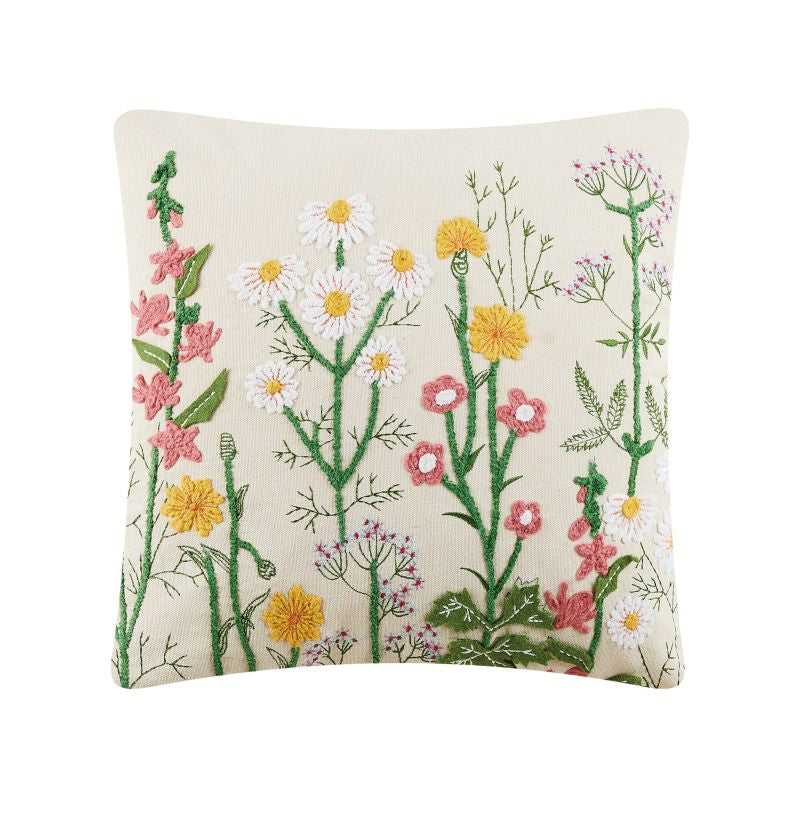 Meadow Flower Embroidered Pillow 18 x 18