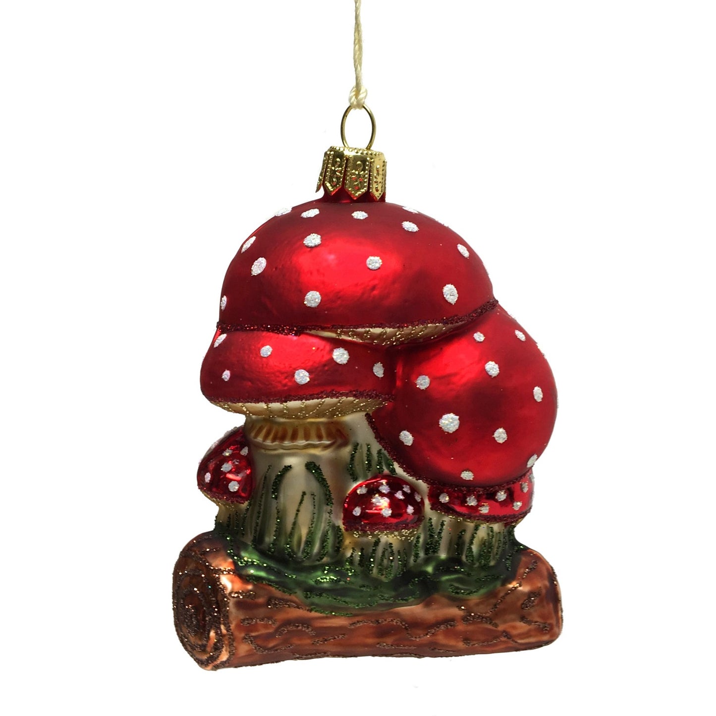Red and White Toadstool Mushrooms on Log Ornament