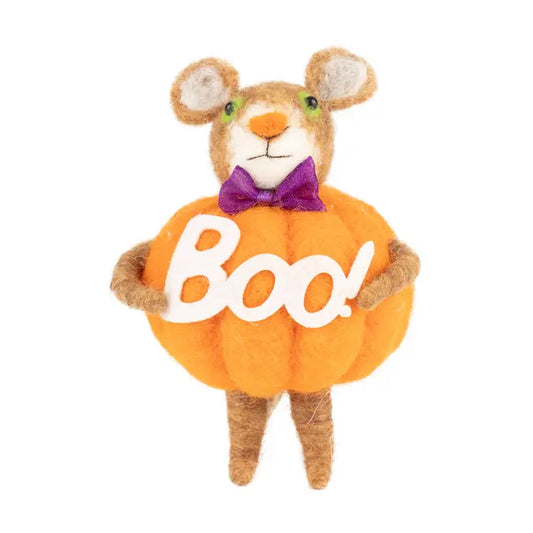 Felt brown bear ornament wearing a pumpkin costume